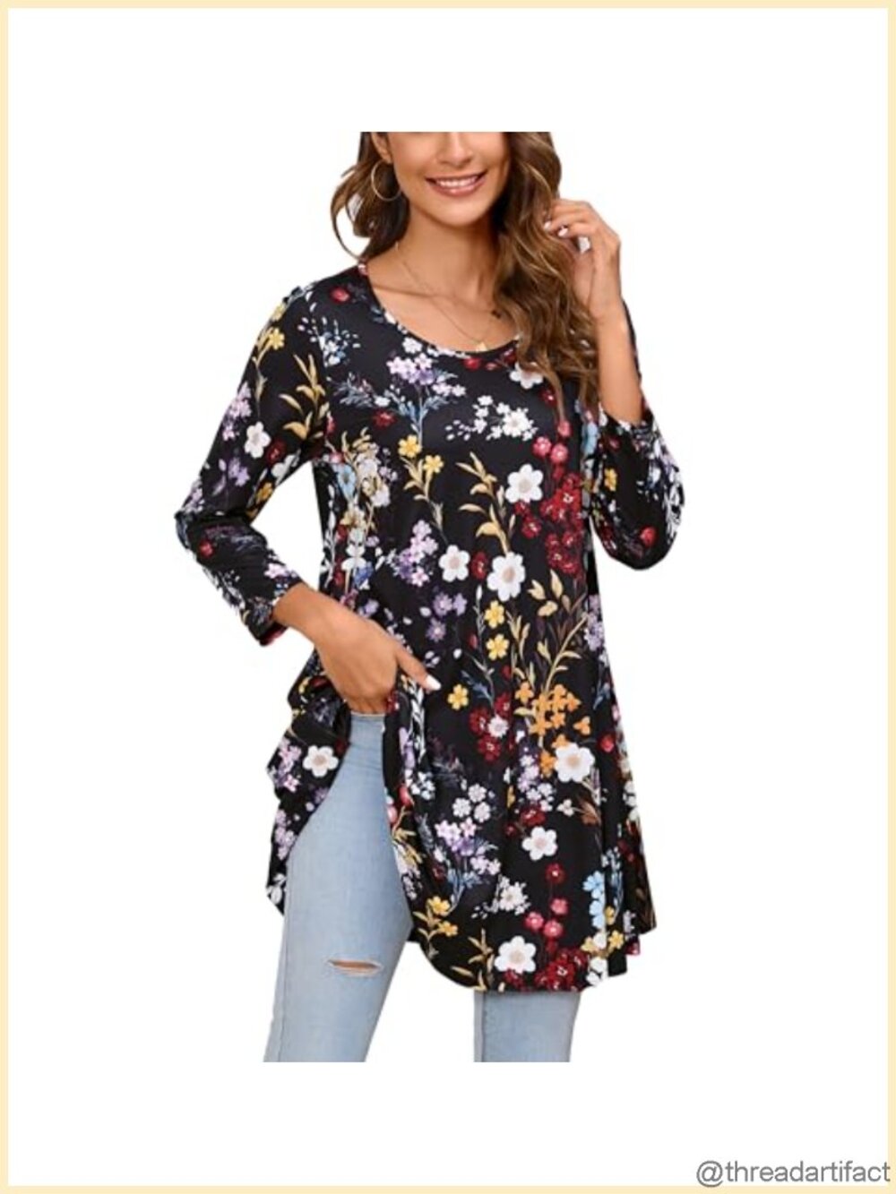 Womens 3/4 Sleeve Tunic Top Plus Size Flowy Hem Blouse